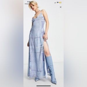 Denim print chiffon maxi dress